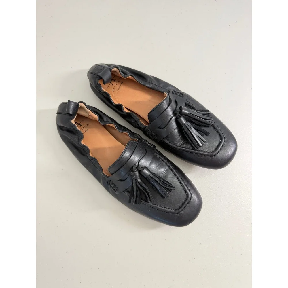 Aquatalia Black Leather Tassel Loafer‎ Flats Elastic Back Made in Italy Size 5.5